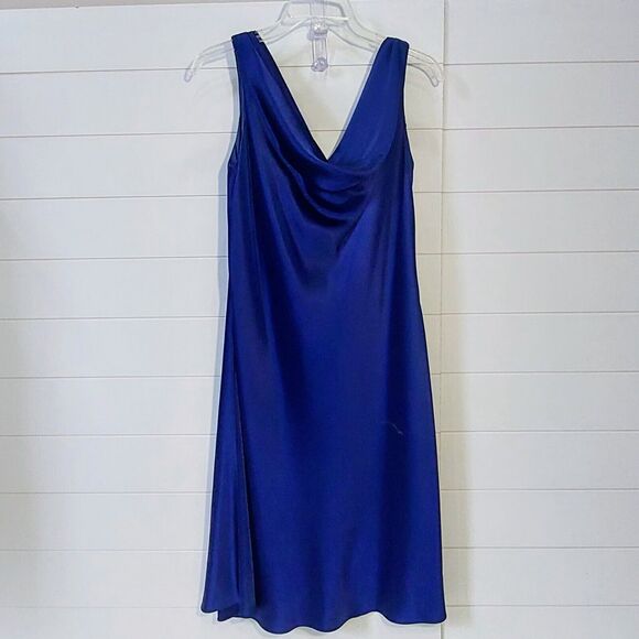 Jones New York Women's 10 Satin Draped Neckline Cocktail Dress Blue Lined Prom - Picture 3 of 9